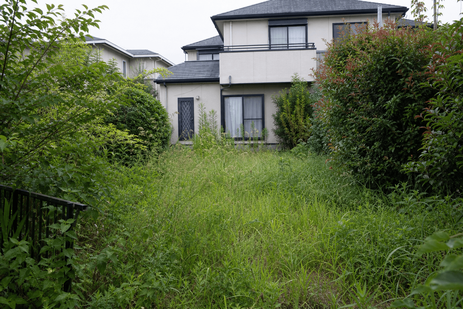 草が茂り手入れが必要な住宅の庭